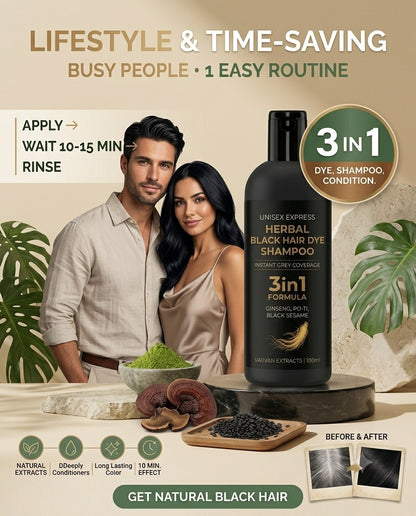 Herbal Black Hair Dye Shampoo Instant Grey Coverage |  3-in-1 Formula (Dye + Shampoo + Conditioner) | BUY 1 GET 1