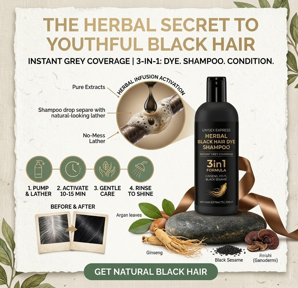 Herbal Black Hair Dye Shampoo Instant Grey Coverage |  3-in-1 Formula (Dye + Shampoo + Conditioner) | BUY 1 GET 1