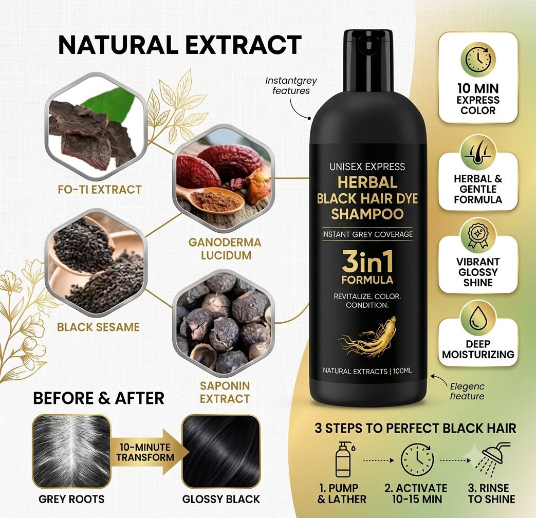 Herbal Black Hair Dye Shampoo Instant Grey Coverage |  3-in-1 Formula (Dye + Shampoo + Conditioner) | BUY 1 GET 1
