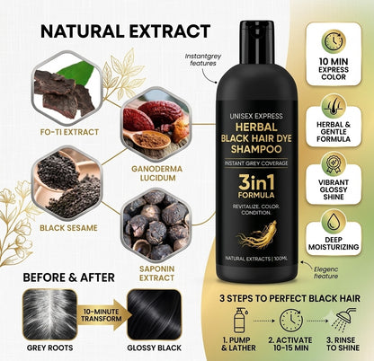 Herbal Black Hair Dye Shampoo Instant Grey Coverage |  3-in-1 Formula (Dye + Shampoo + Conditioner) | BUY 1 GET 1