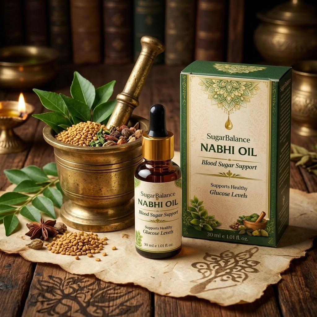 Ayurvedic Nabhi Oil | Daily Sugar Wellness — HERO — bottle with mortar and herbs (1024²)