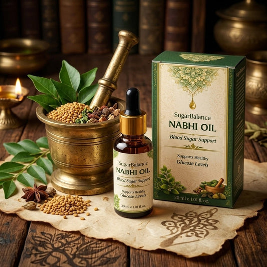 Ayurvedic Nabhi Oil | Daily Sugar Wellness — HERO — bottle with mortar and herbs (1024²)