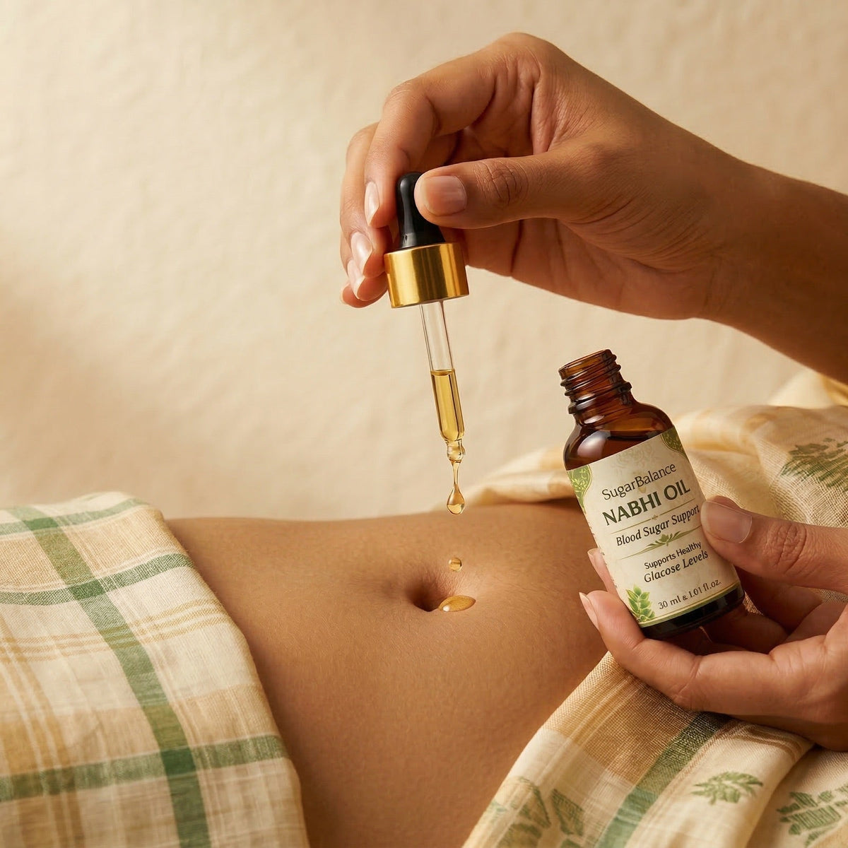 Ayurvedic Nabhi Oil | Daily Sugar Wellness — application to navel (2048²)