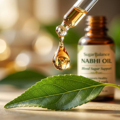 Ayurvedic Nabhi Oil | Daily Sugar Wellness — bottle with leaf (1024²)