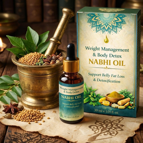 Ayurvedic Detox Nabhi Oil | Daily Body Balance — HERO — bottle with box and brass mortar (wmo-m7, cropped to remove a Gemini watermark)