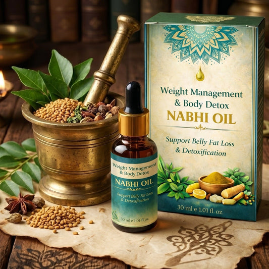 Ayurvedic Detox Nabhi Oil | Daily Body Balance — HERO — bottle with box and brass mortar (wmo-m7, cropped to remove a Gemini watermark)