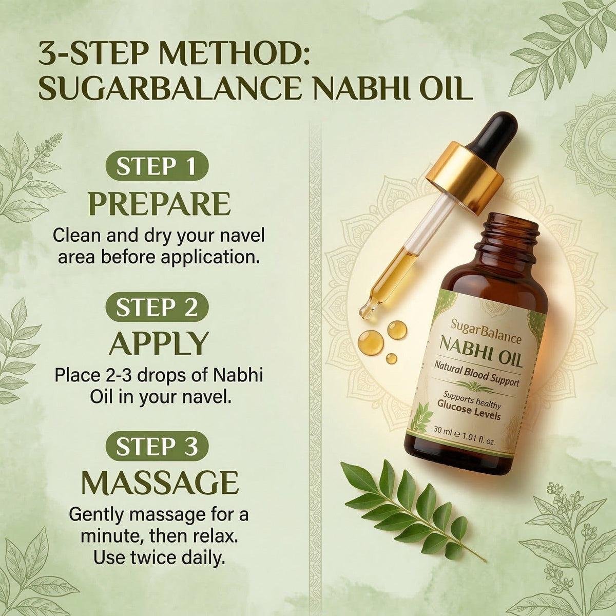 Ayurvedic Nabhi Oil | Daily Sugar Wellness — 3-step method (2048²)